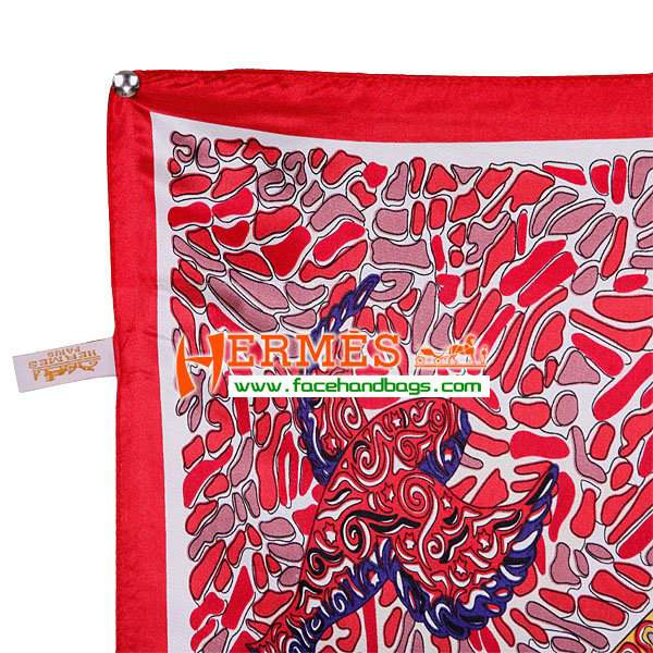 Hermes 100% Silk Square Scarf White/Red HESISS 90 x 90 - Click Image to Close